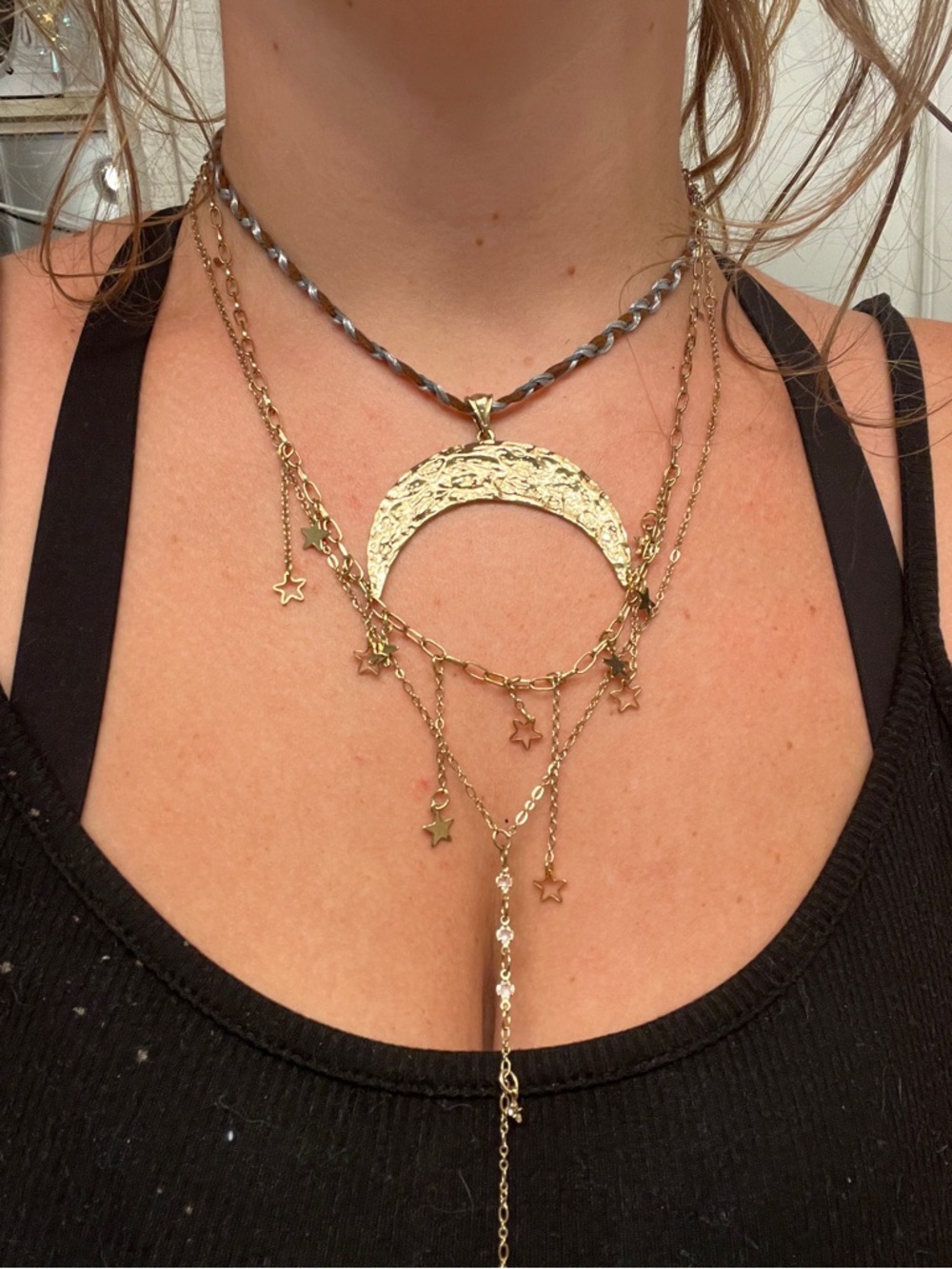 Free people. Gold Crescent Moon Layered Pendant Necklace with Star Charms.